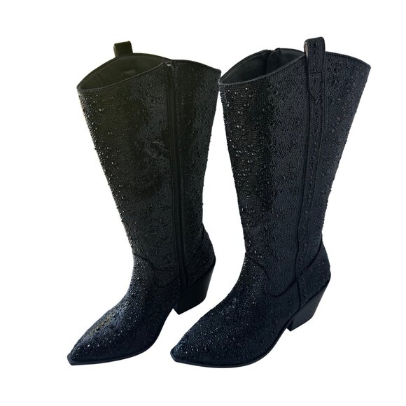 New without Box Western Black Sparkle Rhinestone Wide Calf Cowboy Boots - Picture 3 of 15